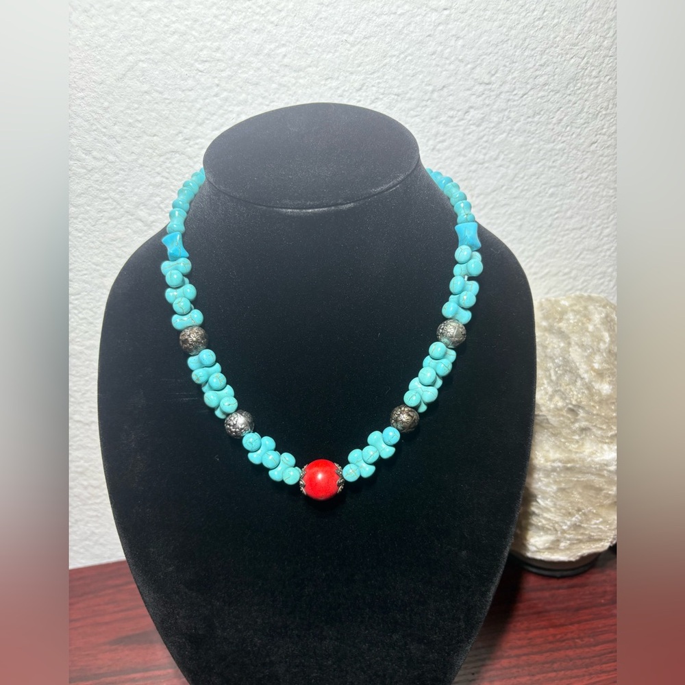 Faux Turquoise and Red Beaded Necklace